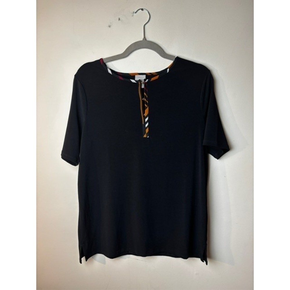 Womens M Chico's Blouse Top‎ Black Short Sleeve Stretch Contrast Trim